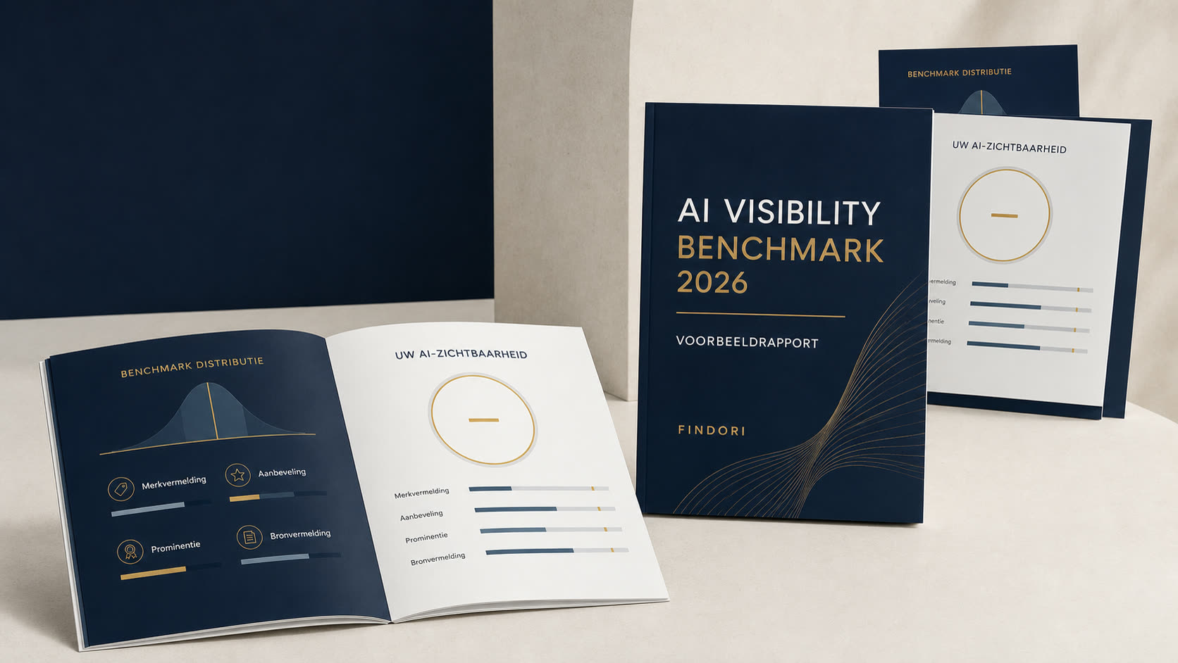 Findori AI visibility report with AI Visibility Score, benchmark distribution and competitor comparison
