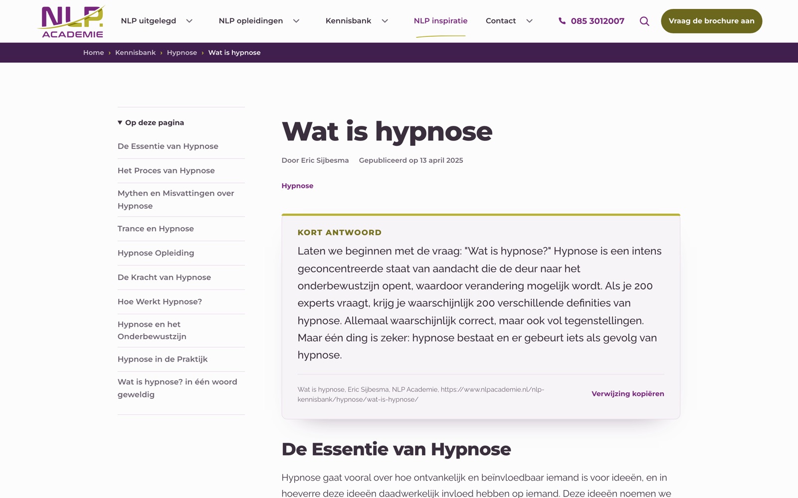Een kennisbankartikel van NLP Academie dat opent met een kort antwoord in een uitgelicht kader